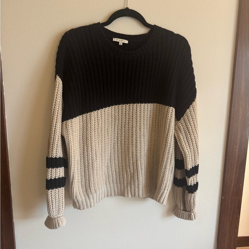 Z Supply Black and Cream Crew Neck Sweater